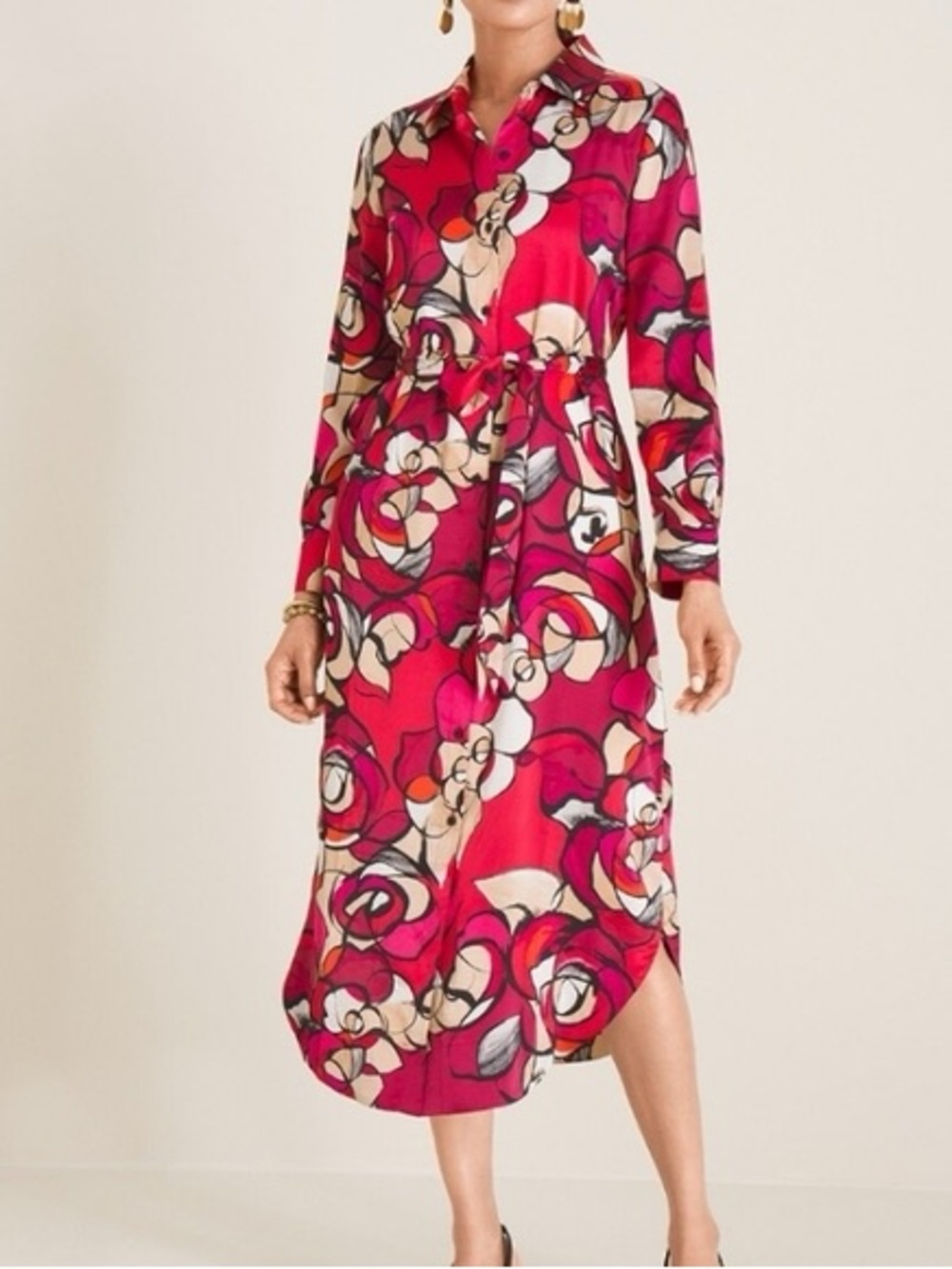 Chicos Shirt Dress Bold Pink Floral Shirt Dress with Tie Waist Small
